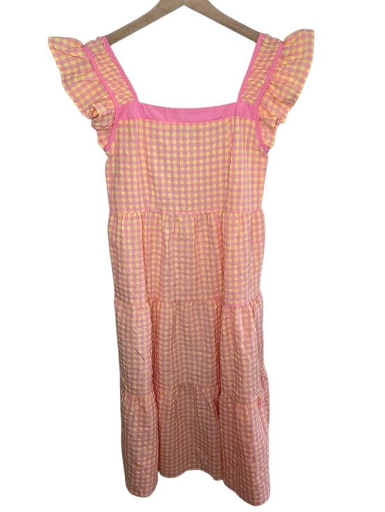 Umgee Dresses & Skirts - Umgee Pink Yellow Gingham Smocked Ruffle Sleeve Midi Dress Size Small